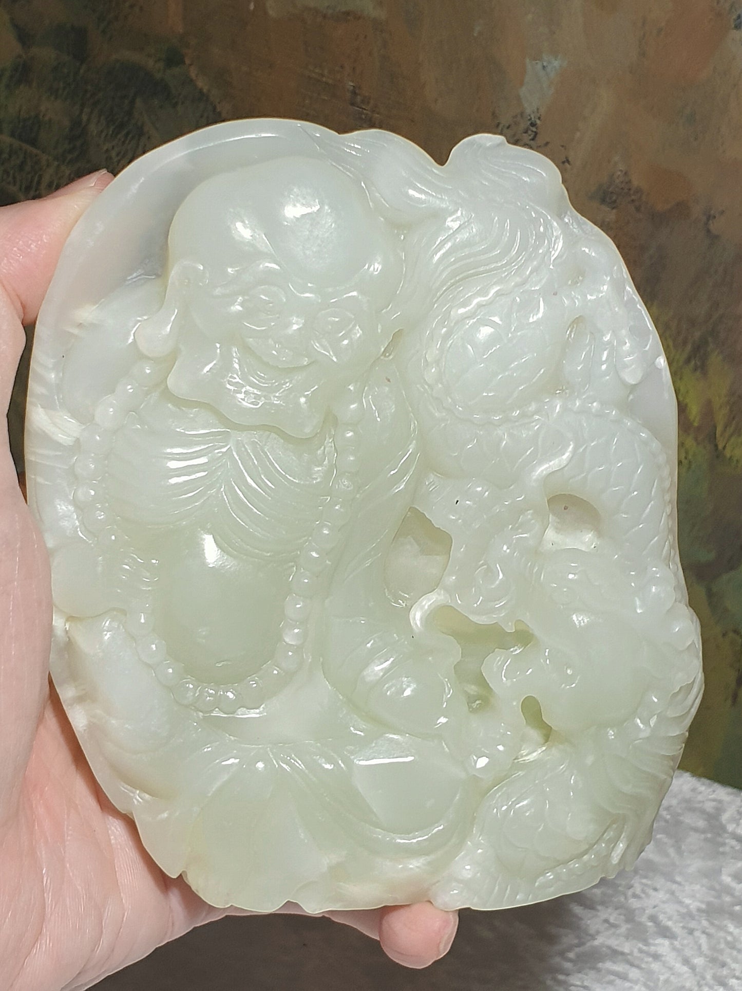 Rare premium large size Nephrite warm white Mahakasyapa (Ji Gong) & dragon Jade carvings (with certificate) 和田玉暖白降龙罗汉(济公)摆件带证书