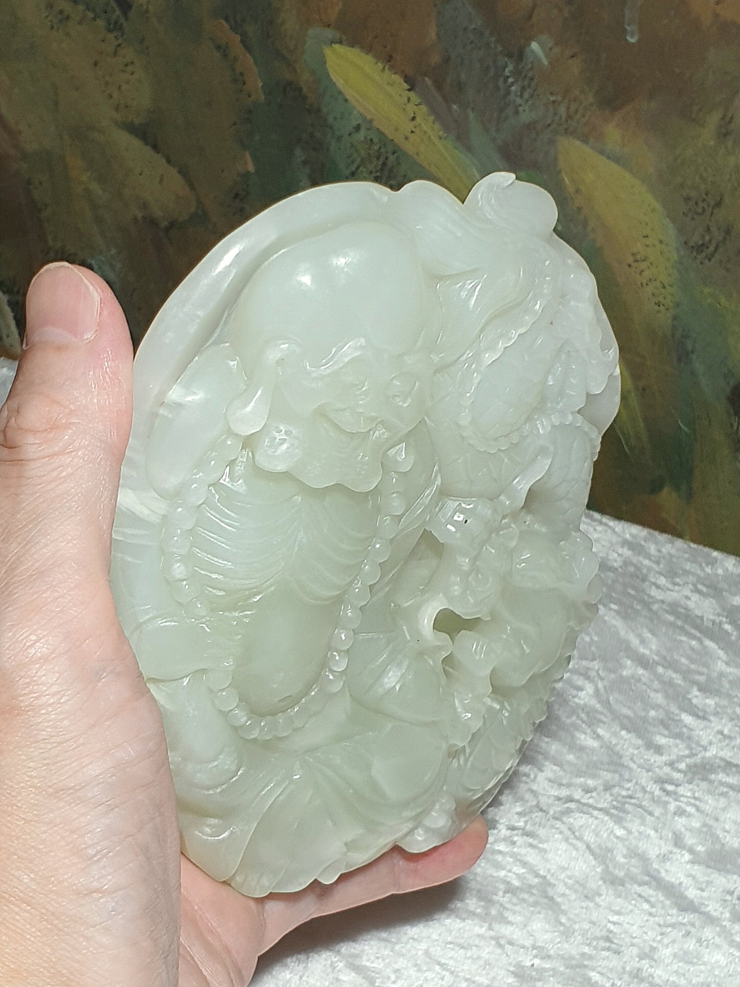 Rare premium large size Nephrite warm white Mahakasyapa (Ji Gong) & dragon Jade carvings (with certificate) 和田玉暖白降龙罗汉(济公)摆件带证书