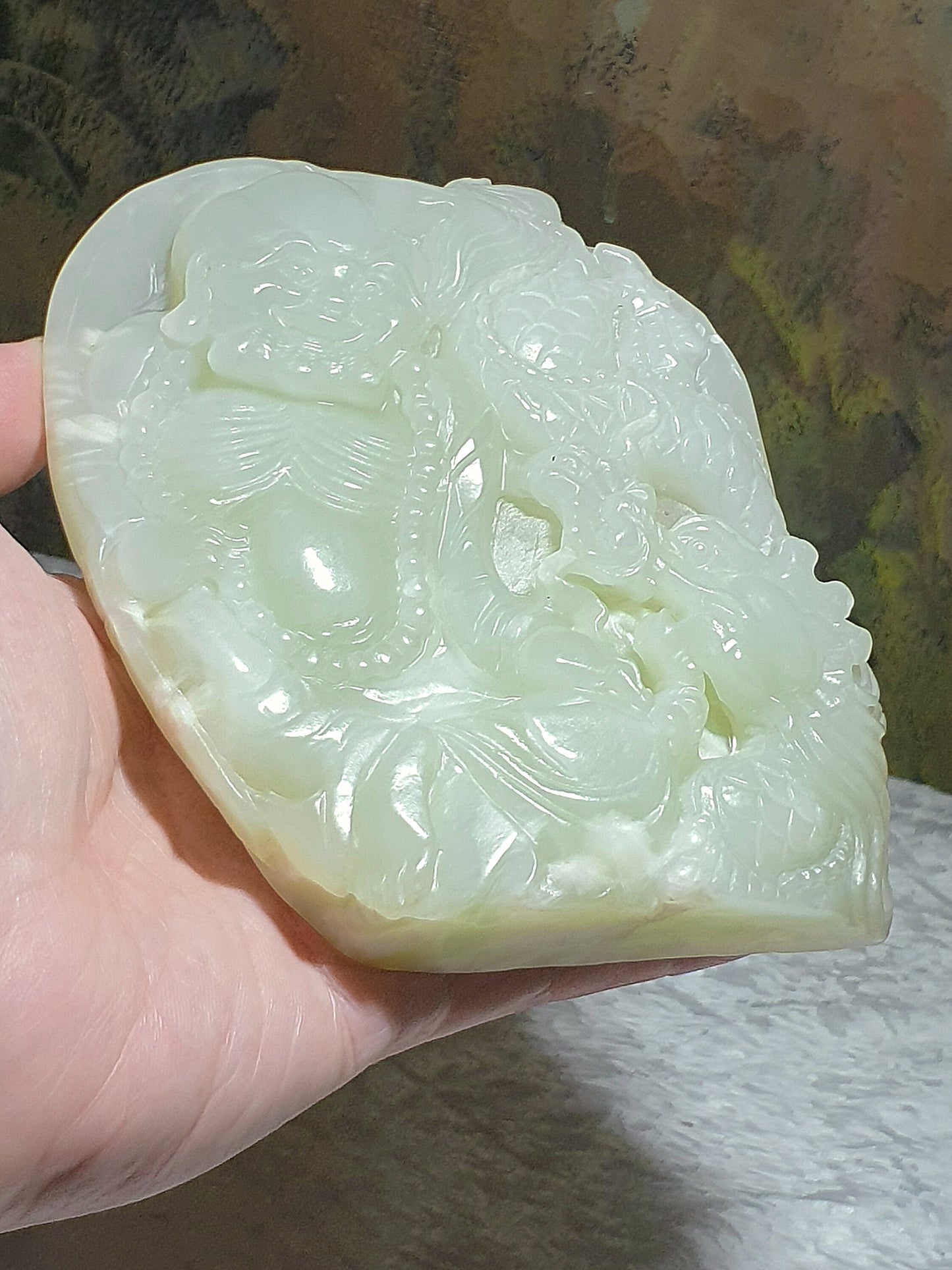 Rare premium large size Nephrite warm white Mahakasyapa (Ji Gong) & dragon Jade carvings (with certificate) 和田玉暖白降龙罗汉(济公)摆件带证书