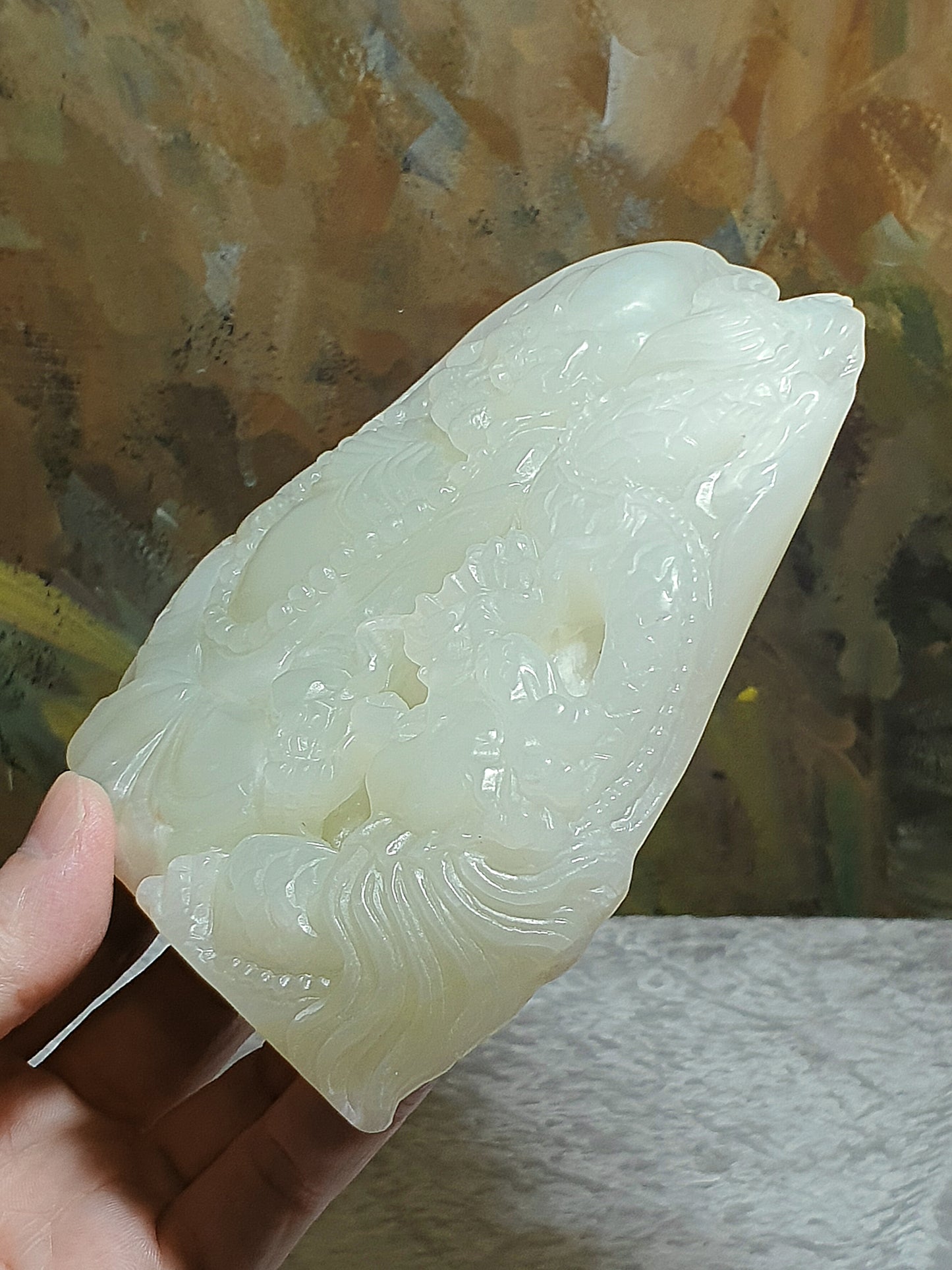 Rare premium large size Nephrite warm white Mahakasyapa (Ji Gong) & dragon Jade carvings (with certificate) 和田玉暖白降龙罗汉(济公)摆件带证书