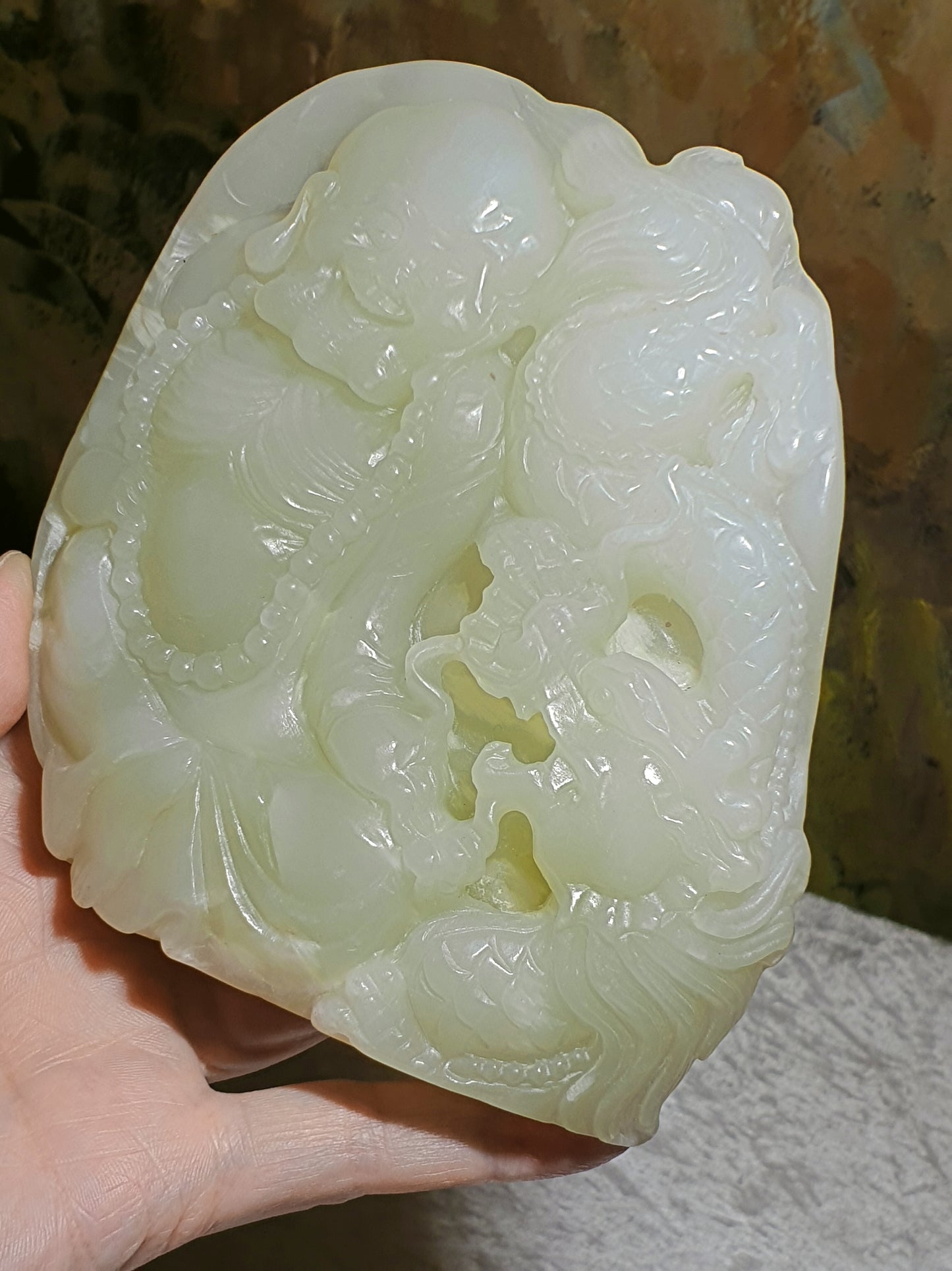 Rare premium large size Nephrite warm white Mahakasyapa (Ji Gong) & dragon Jade carvings (with certificate) 和田玉暖白降龙罗汉(济公)摆件带证书