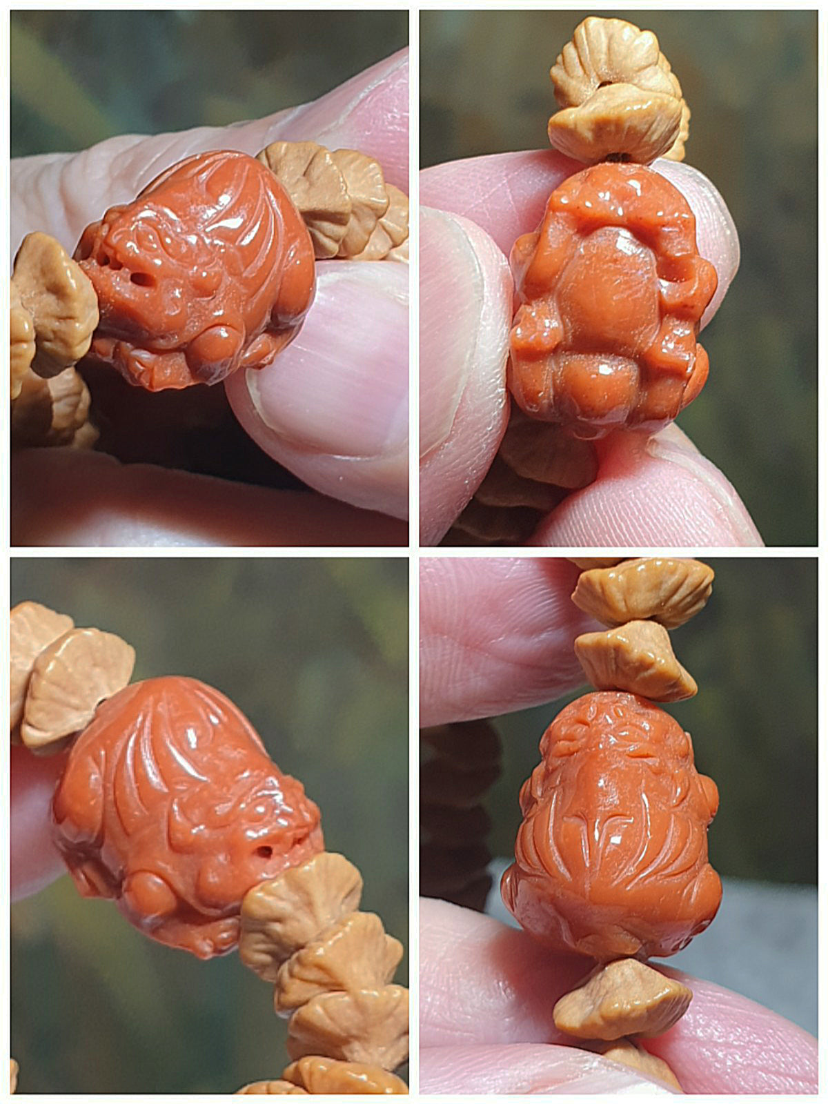 8.3mm "Double sides Lotus" seed (Gold Leaf Bodhi) 108 mala 2 rounds bracelet with natural Fresh Water Pearl and Nan Hong Pi Xiu & abacus beads 8.3毫米天然双面莲花(又名钱串子、金叶菩提、金钱菩提、招财纳福)108念珠绕手两圈手链配天然淡水珍珠、南红貔貅与算盘子