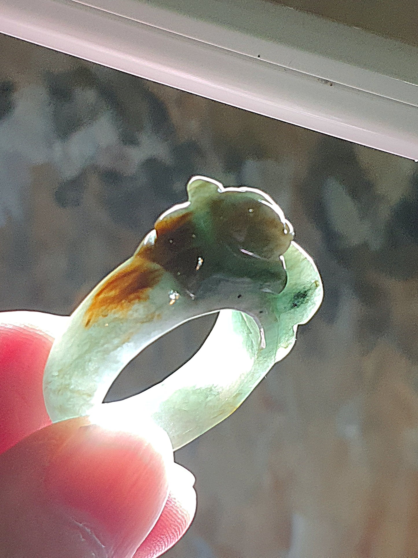 20mm Type A Jadeite yellowish greenish big Pi Xiu Jade ring/thumb ring (with certificate) 20毫米翡翠浅绿带黄翡貔貅大戒指/扳指(带证书)