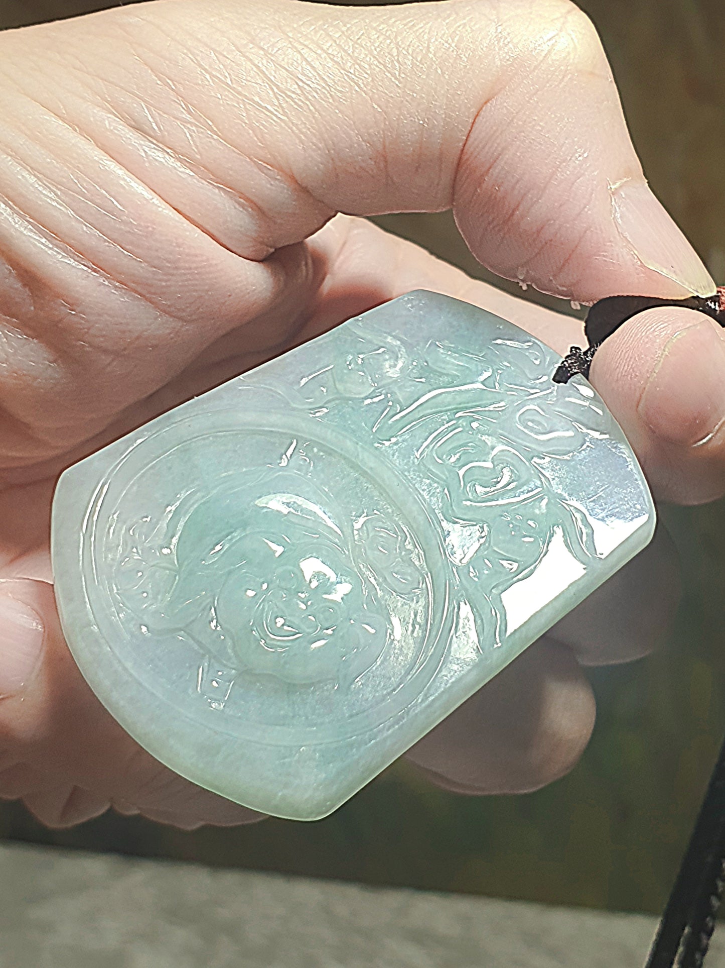 Premium Type A Jadeite light bluish green Lucky Pig pendant (with certificate) 优质翡翠淡蓝绿福猪吊坠(带证书)