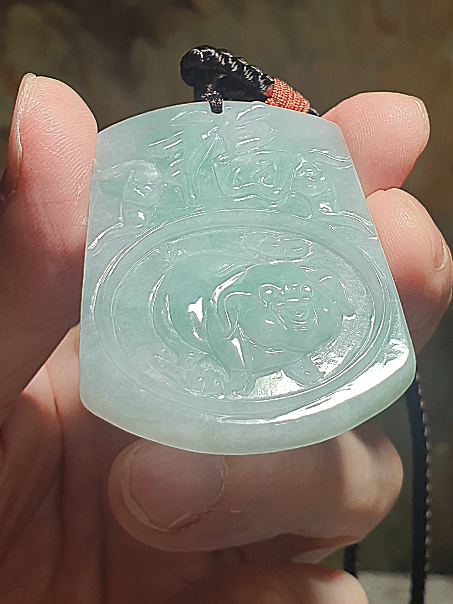 Premium Type A Jadeite light bluish green Lucky Pig pendant (with certificate) 优质翡翠淡蓝绿福猪吊坠(带证书)