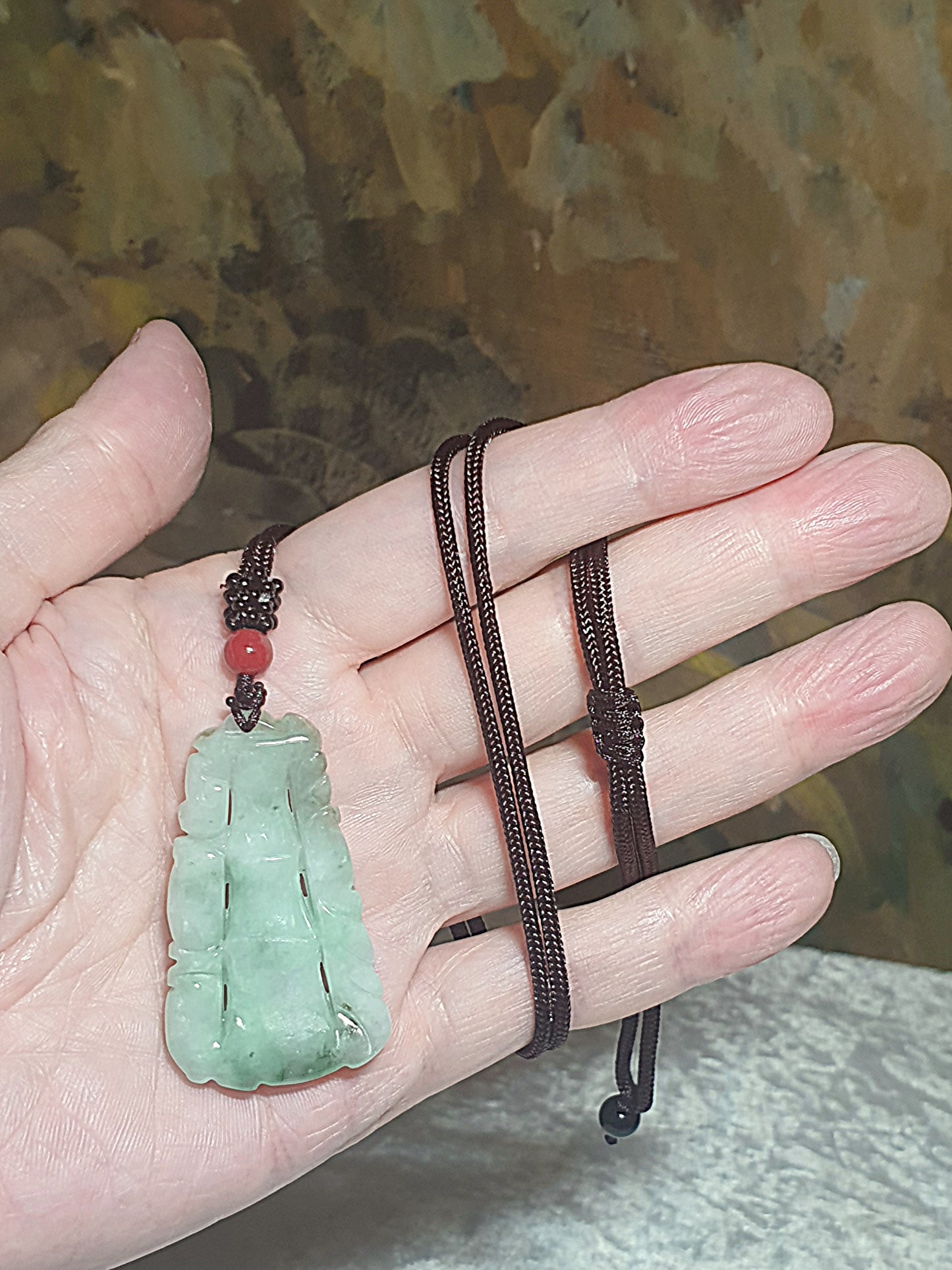 Type A Jadeite light green both sides carvings Bamboo Jade pendant (with certificate) 翡翠淡绿双面雕刻竹吊坠(带证书) 竹报平安 节节高升