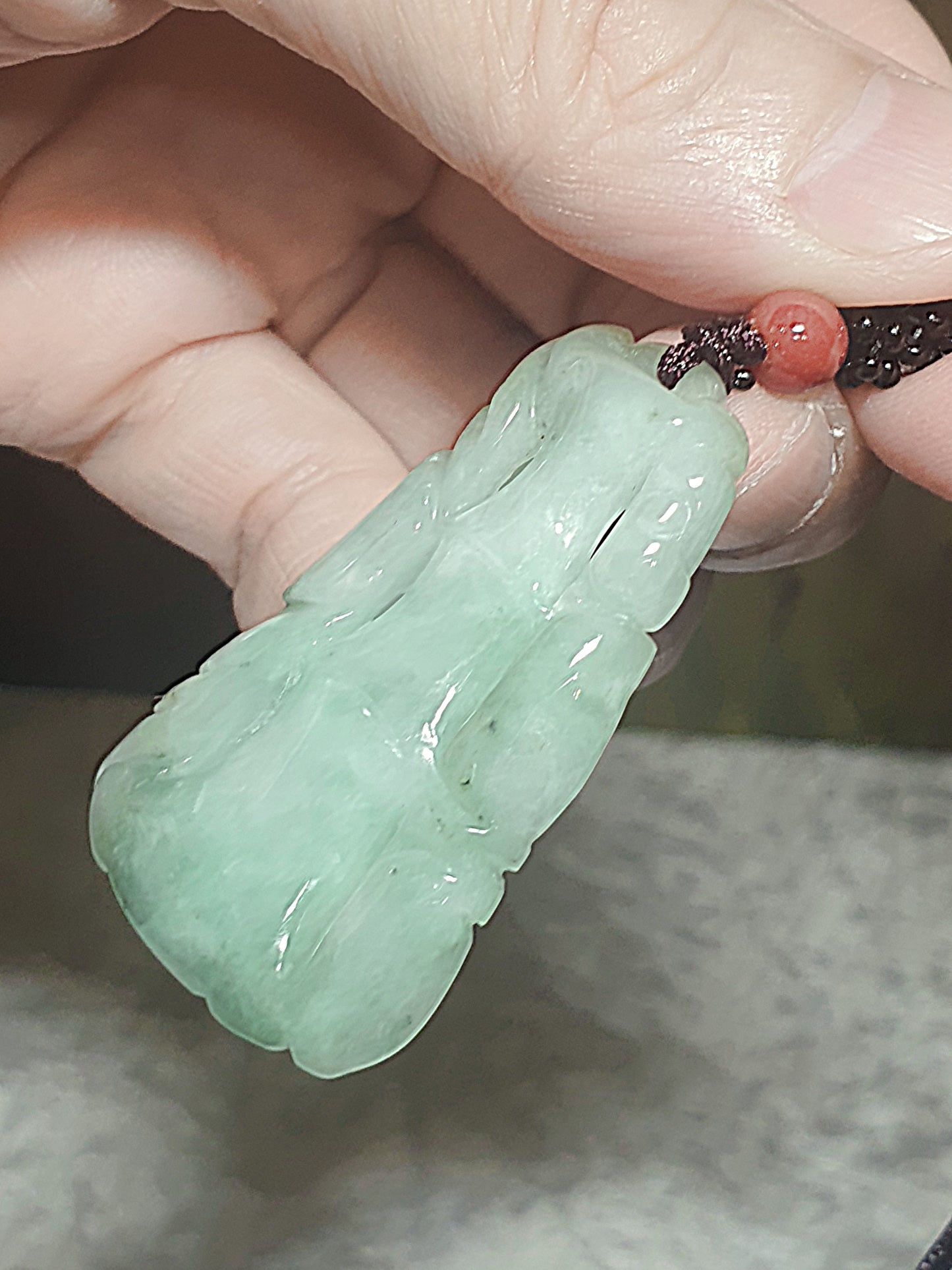Type A Jadeite light green both sides carvings Bamboo Jade pendant (with certificate) 翡翠淡绿双面雕刻竹吊坠(带证书) 竹报平安 节节高升