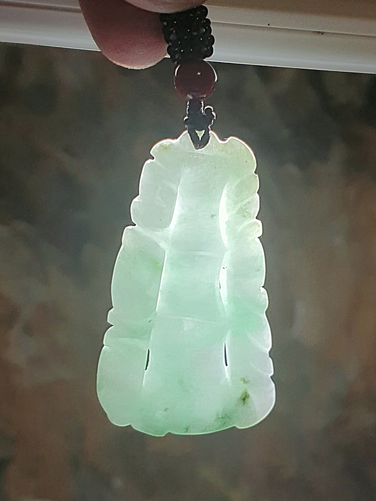 Type A Jadeite light green both sides carvings Bamboo Jade pendant (with certificate) 翡翠淡绿双面雕刻竹吊坠(带证书) 竹报平安 节节高升