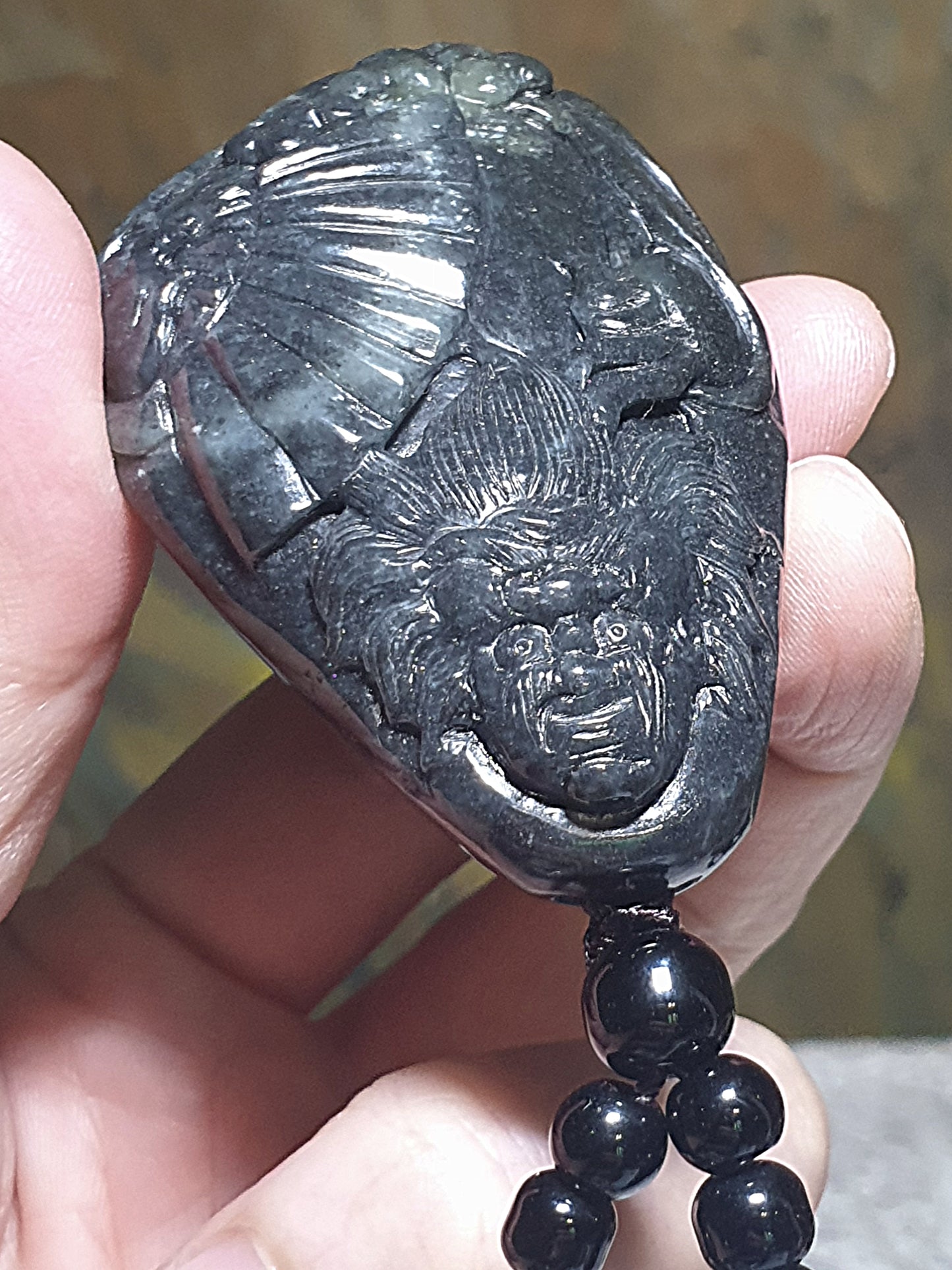 Premium Pebble Nephrite Qinghua ink black hand carved Zhong Kui palmstone (with certificate) 和田玉青花籽玉聚墨如黑全手工雕刻钟馗手把(带证书)