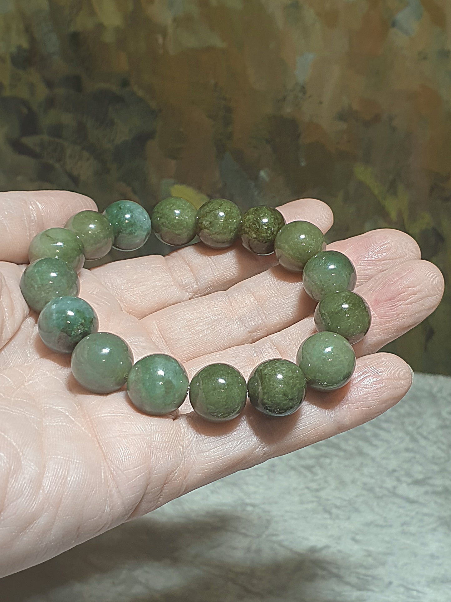 Premium 13.5mm Type A Yellow Jadeite light greenish bracelet 优质翡翠A货黃翡浅绿手链