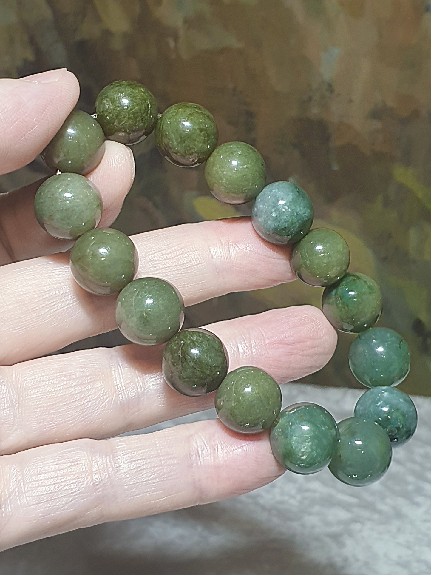 Premium 13.5mm Type A Yellow Jadeite light greenish bracelet 优质翡翠A货黃翡浅绿手链