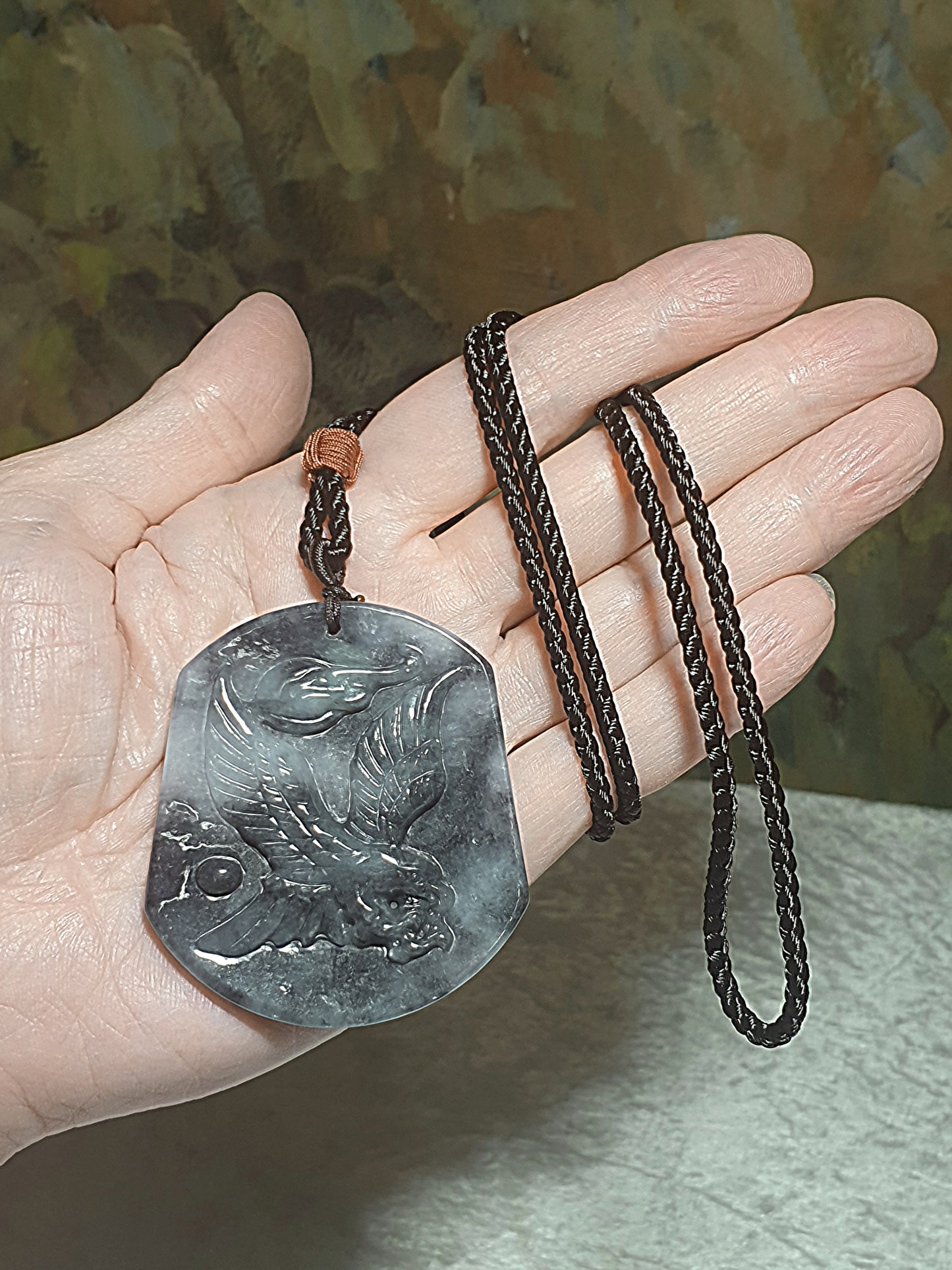 Type A Jadeite "Black Fowl (black & white)" Flying Eagle Jade pendant (with certificate) 翡翠乌鸡种(黑白)飞鹰吊坠(带证书)