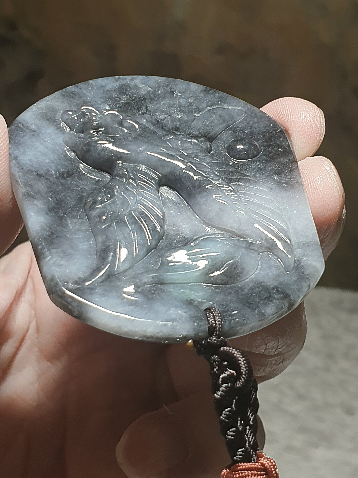 Type A Jadeite "Black Fowl (black & white)" Flying Eagle Jade pendant (with certificate) 翡翠乌鸡种(黑白)飞鹰吊坠(带证书)