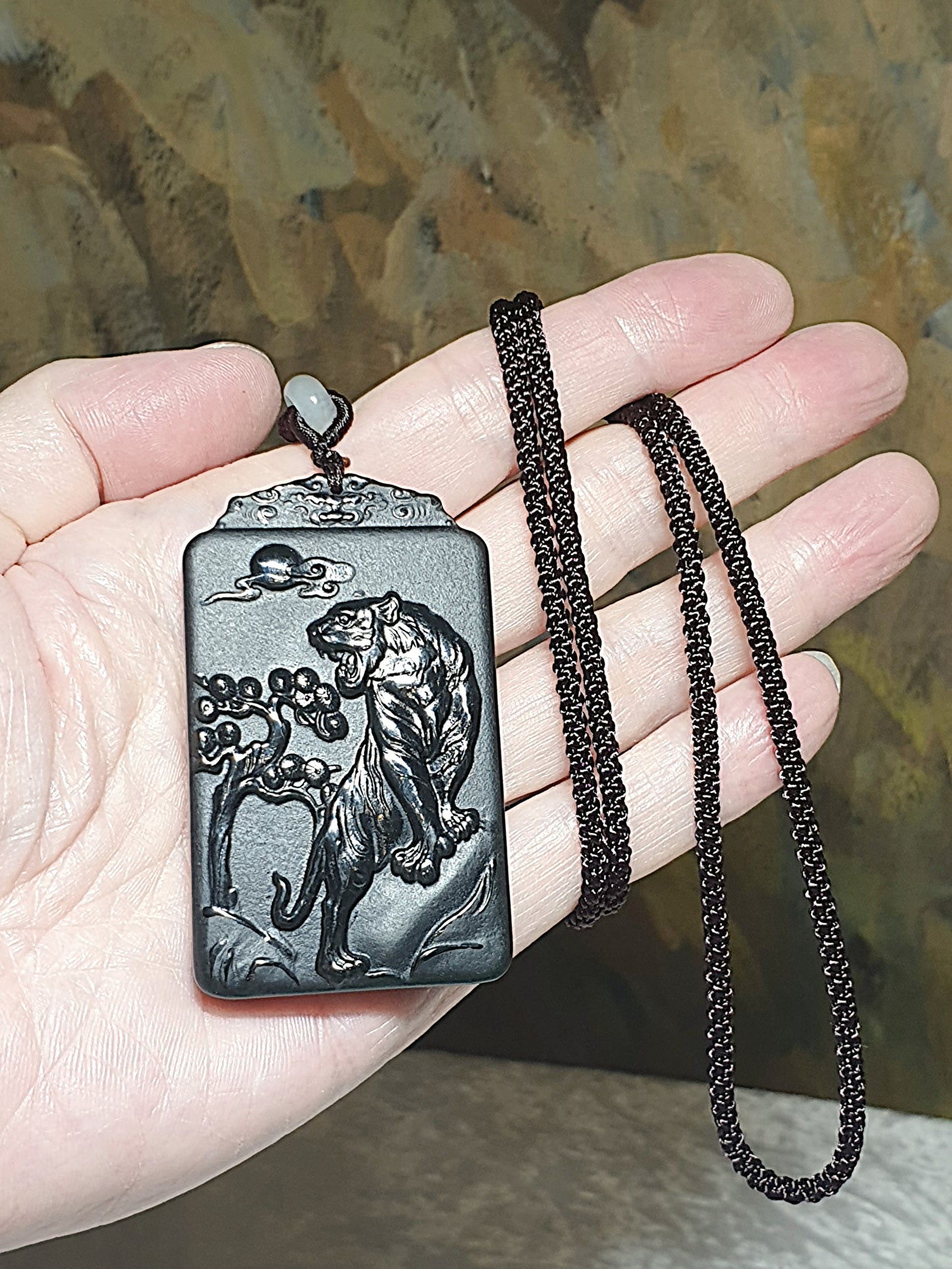 Premium Nephrite deep green double sides carvings Roaring Tiger & Ancient Landscape pendant (with certificate) 和田玉塔青墨绿双面雕虎啸山林山水吊坠(带证书)