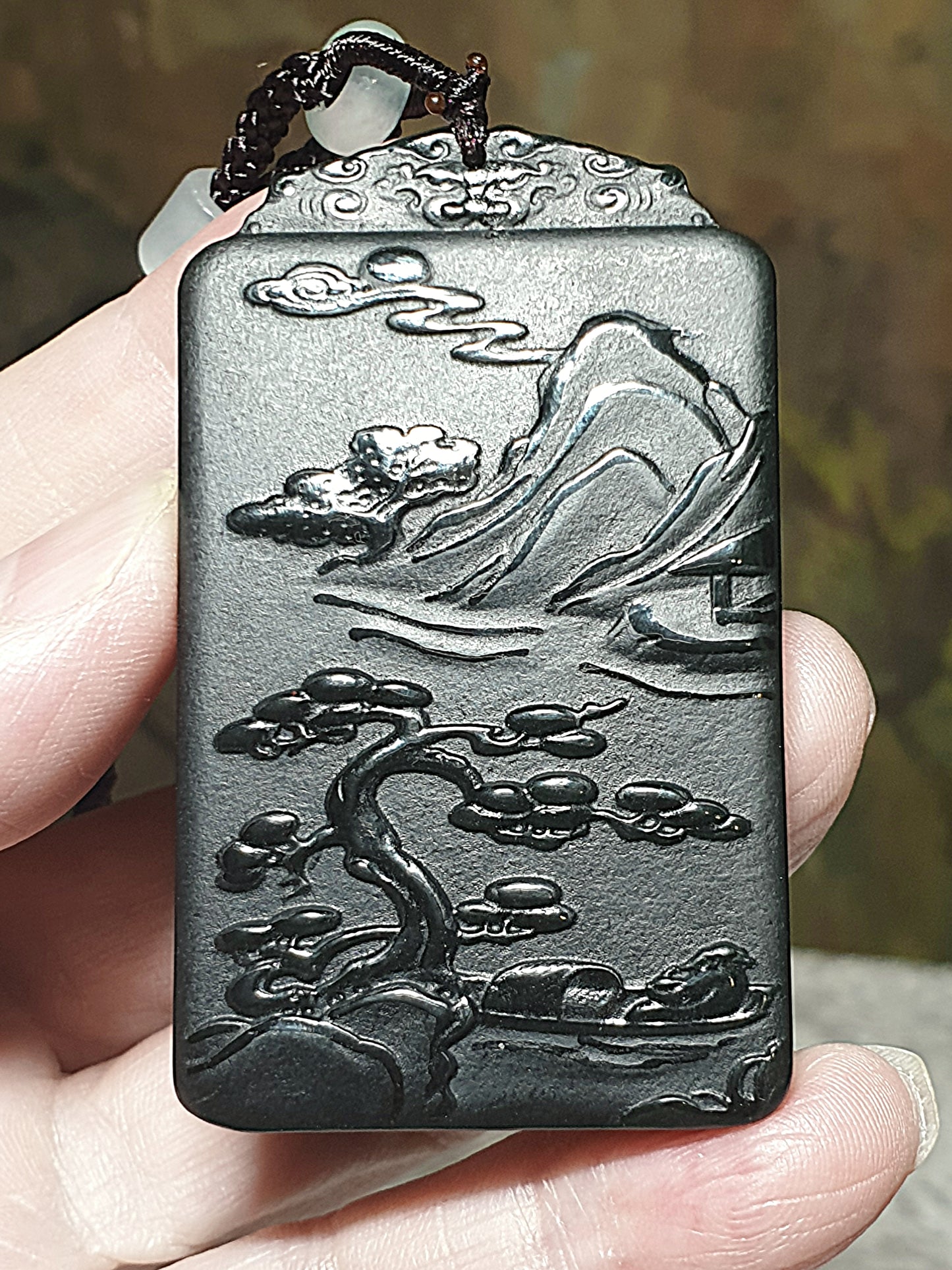 Premium Nephrite deep green double sides carvings Roaring Tiger & Ancient Landscape pendant (with certificate) 和田玉塔青墨绿双面雕虎啸山林山水吊坠(带证书)