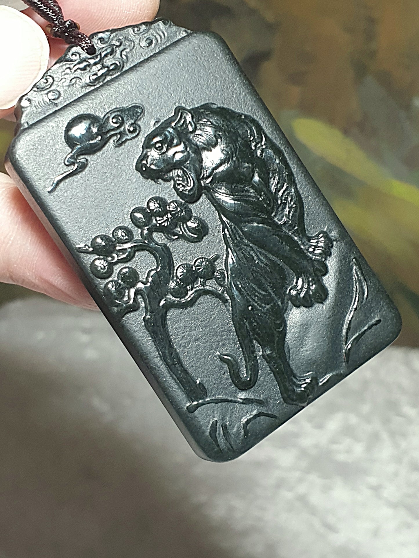 Premium Nephrite deep green double sides carvings Roaring Tiger & Ancient Landscape pendant (with certificate) 和田玉塔青墨绿双面雕虎啸山林山水吊坠(带证书)