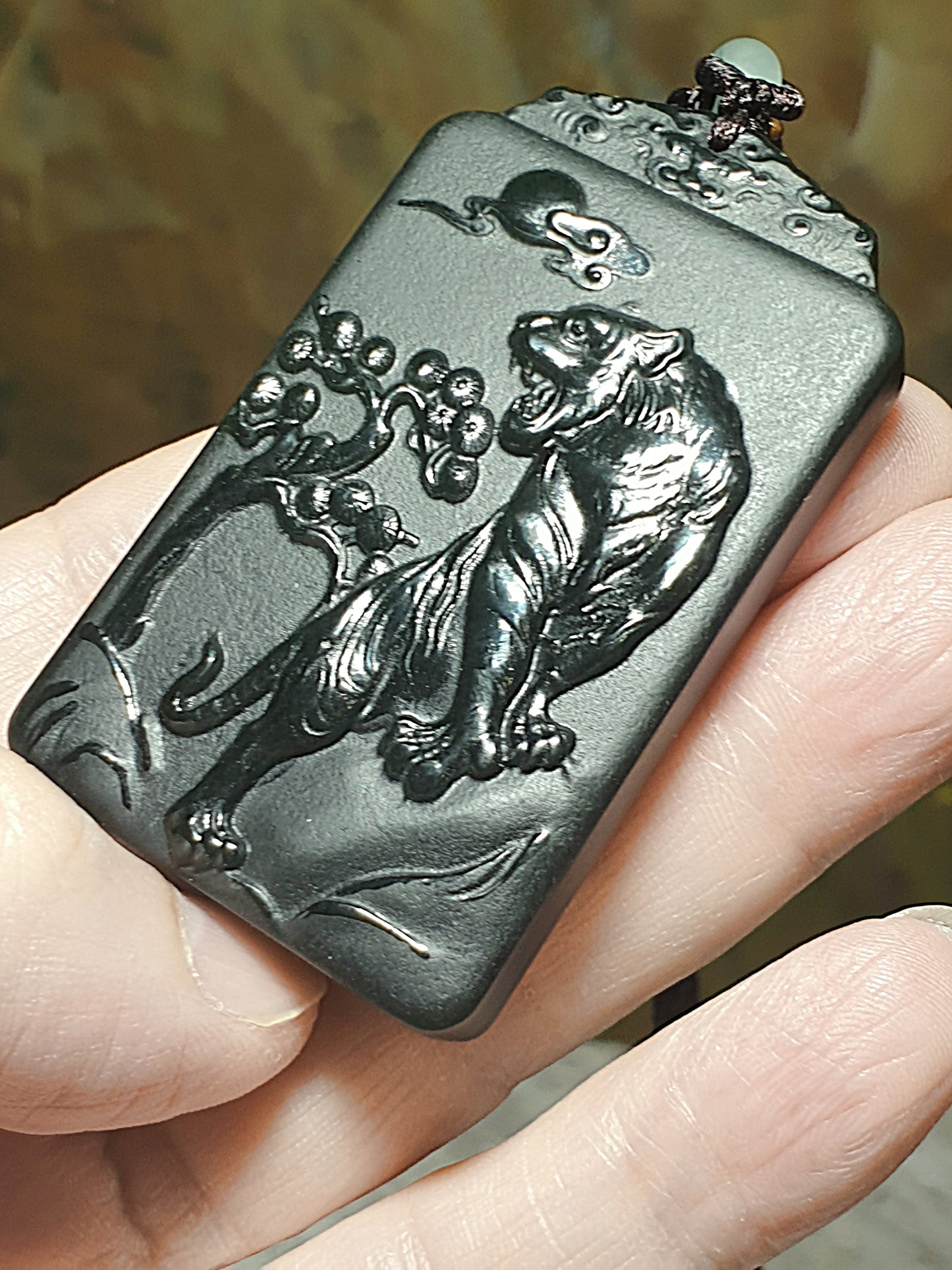 Premium Nephrite deep green double sides carvings Roaring Tiger & Ancient Landscape pendant (with certificate) 和田玉塔青墨绿双面雕虎啸山林山水吊坠(带证书)