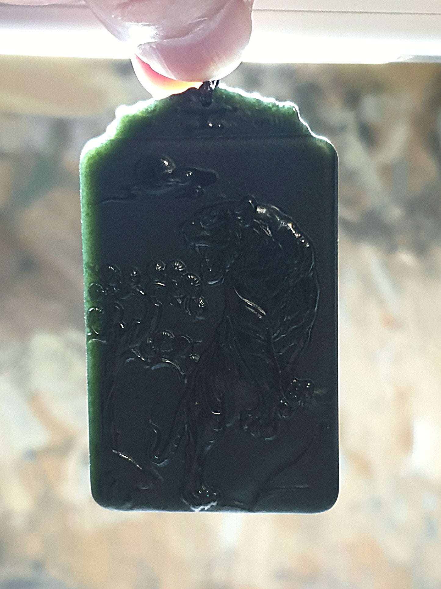 Premium Nephrite deep green double sides carvings Roaring Tiger & Ancient Landscape pendant (with certificate) 和田玉塔青墨绿双面雕虎啸山林山水吊坠(带证书)