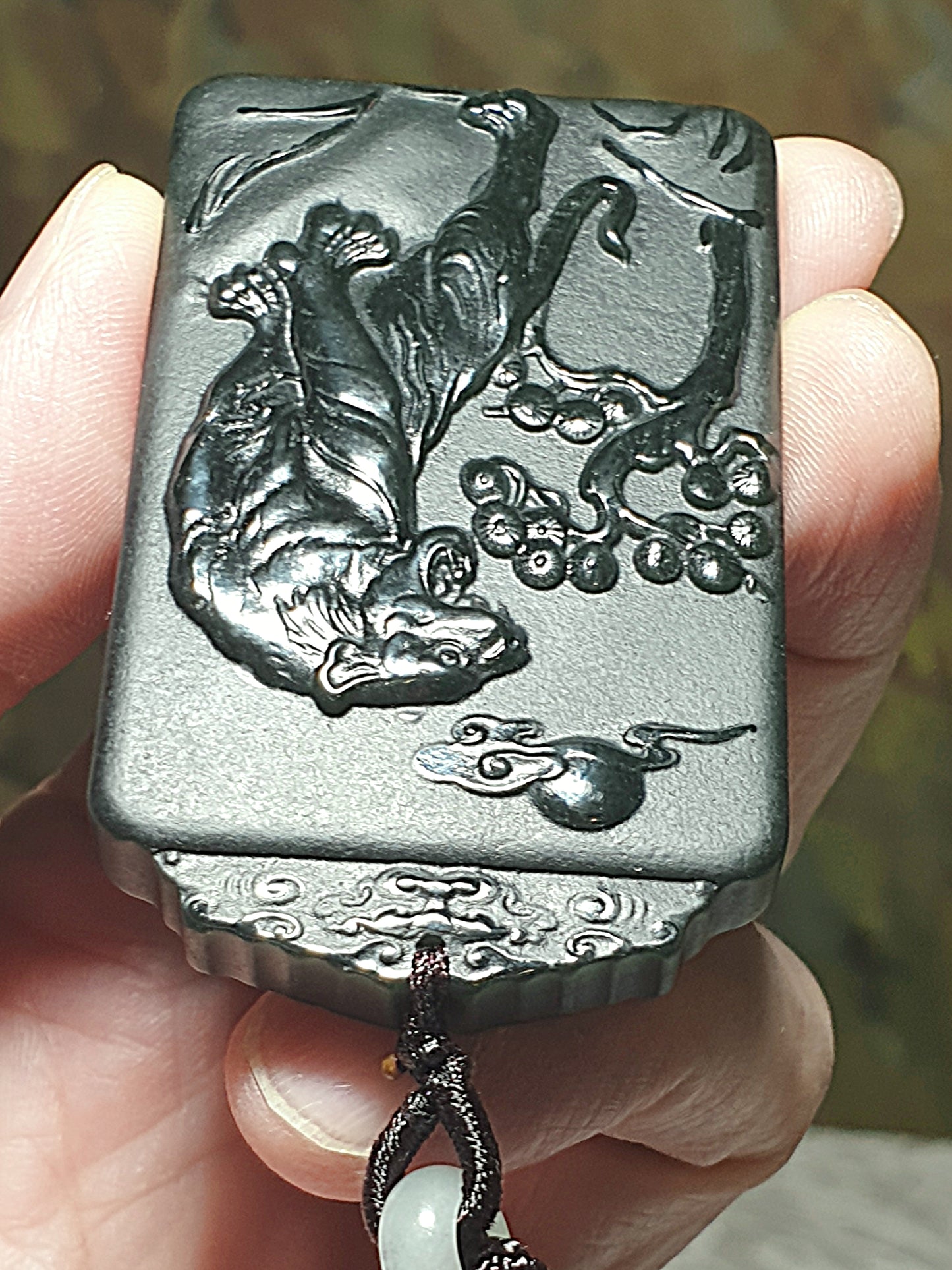 Premium Nephrite deep green double sides carvings Roaring Tiger & Ancient Landscape pendant (with certificate) 和田玉塔青墨绿双面雕虎啸山林山水吊坠(带证书)