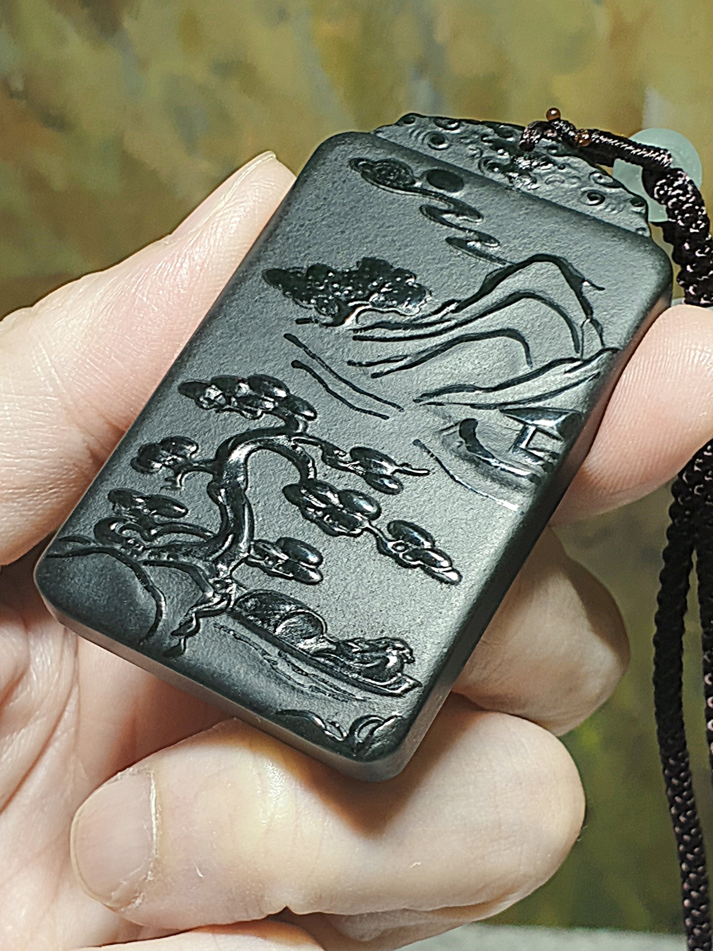 Premium Nephrite deep green double sides carvings Roaring Tiger & Ancient Landscape pendant (with certificate) 和田玉塔青墨绿双面雕虎啸山林山水吊坠(带证书)