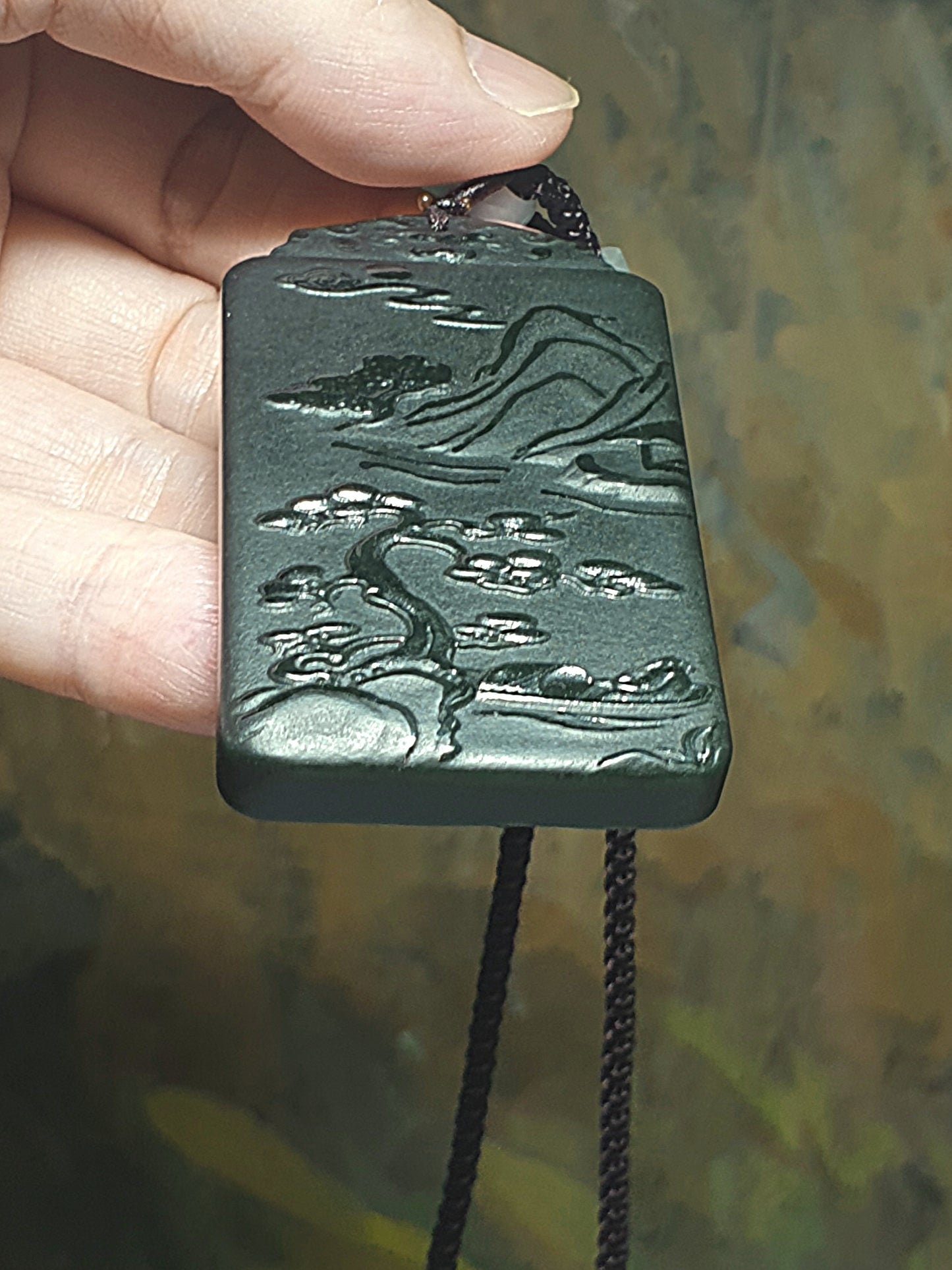 Premium Nephrite deep green double sides carvings Roaring Tiger & Ancient Landscape pendant (with certificate) 和田玉塔青墨绿双面雕虎啸山林山水吊坠(带证书)