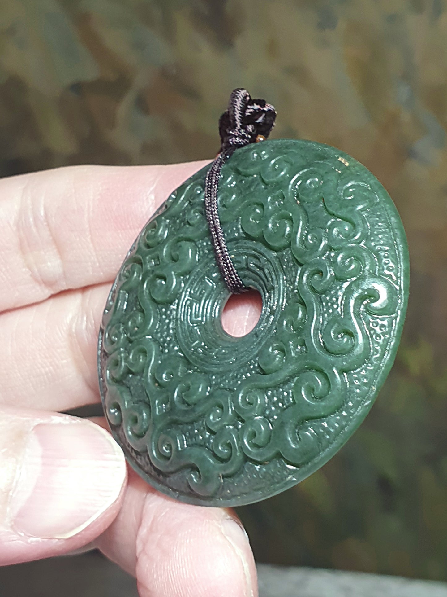 Premium Nephrite green with blue hue double sides carvings Interlaced Floral pattern Donut pendant (with certificate) 优质和田玉且末青绿带蓝调双面雕刻缠枝纹古云纹龙纹平安扣吊坠(带证书)
