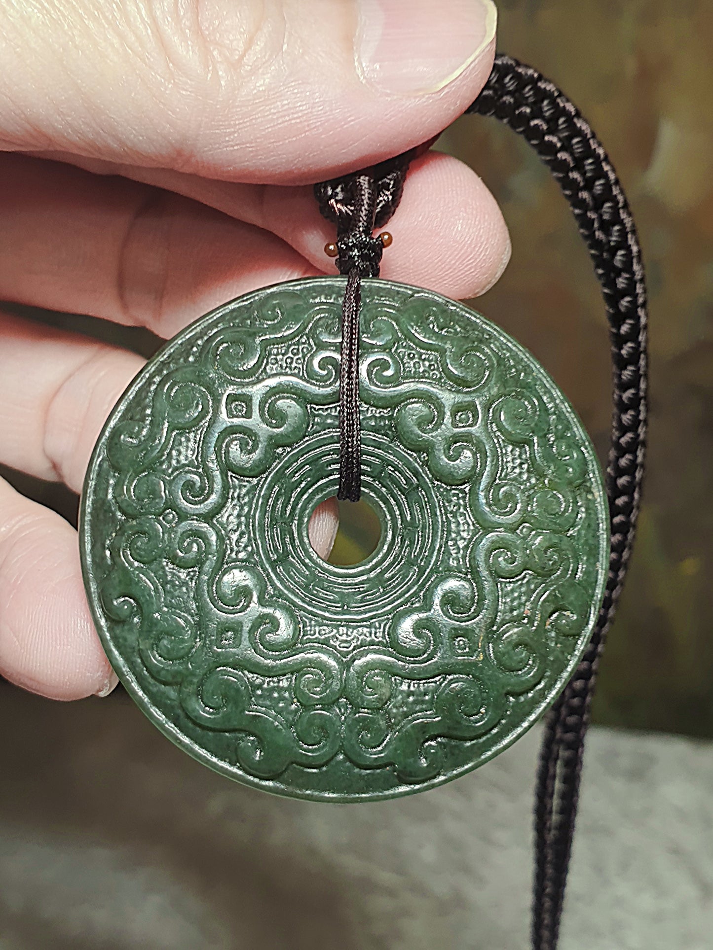 Premium Nephrite green with blue hue double sides carvings Interlaced Floral pattern Donut pendant (with certificate) 优质和田玉且末青绿带蓝调双面雕刻缠枝纹古云纹龙纹平安扣吊坠(带证书)