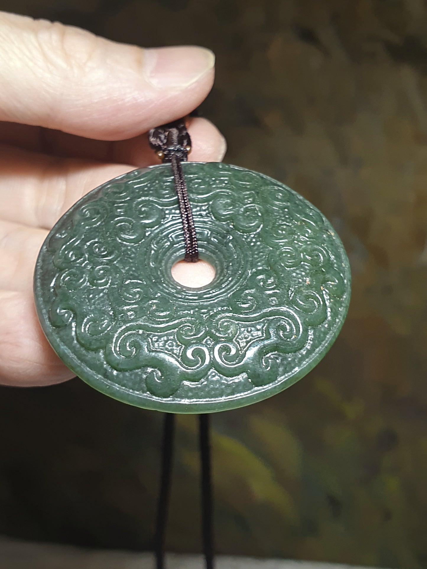 Premium Nephrite green with blue hue double sides carvings Interlaced Floral pattern Donut pendant (with certificate) 优质和田玉且末青绿带蓝调双面雕刻缠枝纹古云纹龙纹平安扣吊坠(带证书)