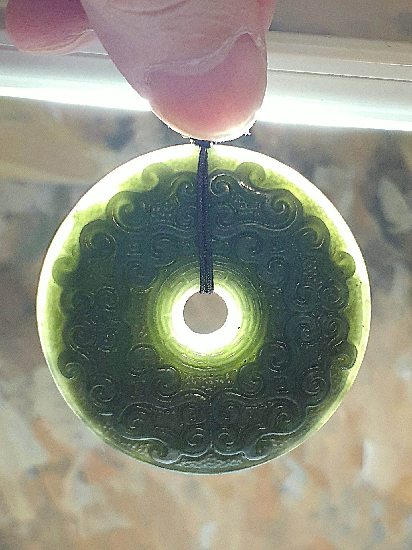 Premium Nephrite green with blue hue double sides carvings Interlaced Floral pattern Donut pendant (with certificate) 优质和田玉且末青绿带蓝调双面雕刻缠枝纹古云纹龙纹平安扣吊坠(带证书)