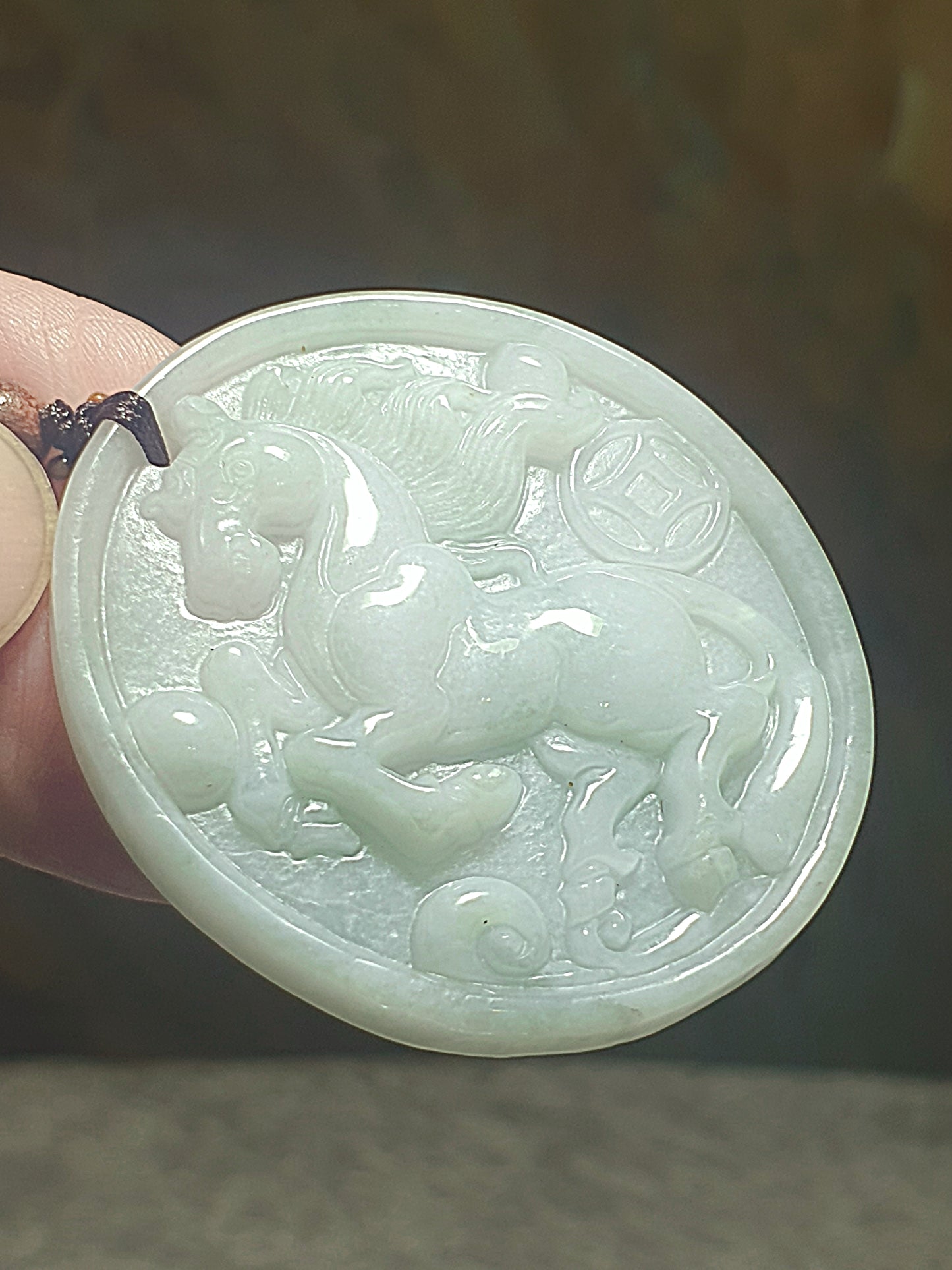 Type A Jadeite light green Horse and Ancient Coin Jade pendant (with certificate) 翡翠淡绿马上有钱(骏马、铜钱)吊坠(带证书)
