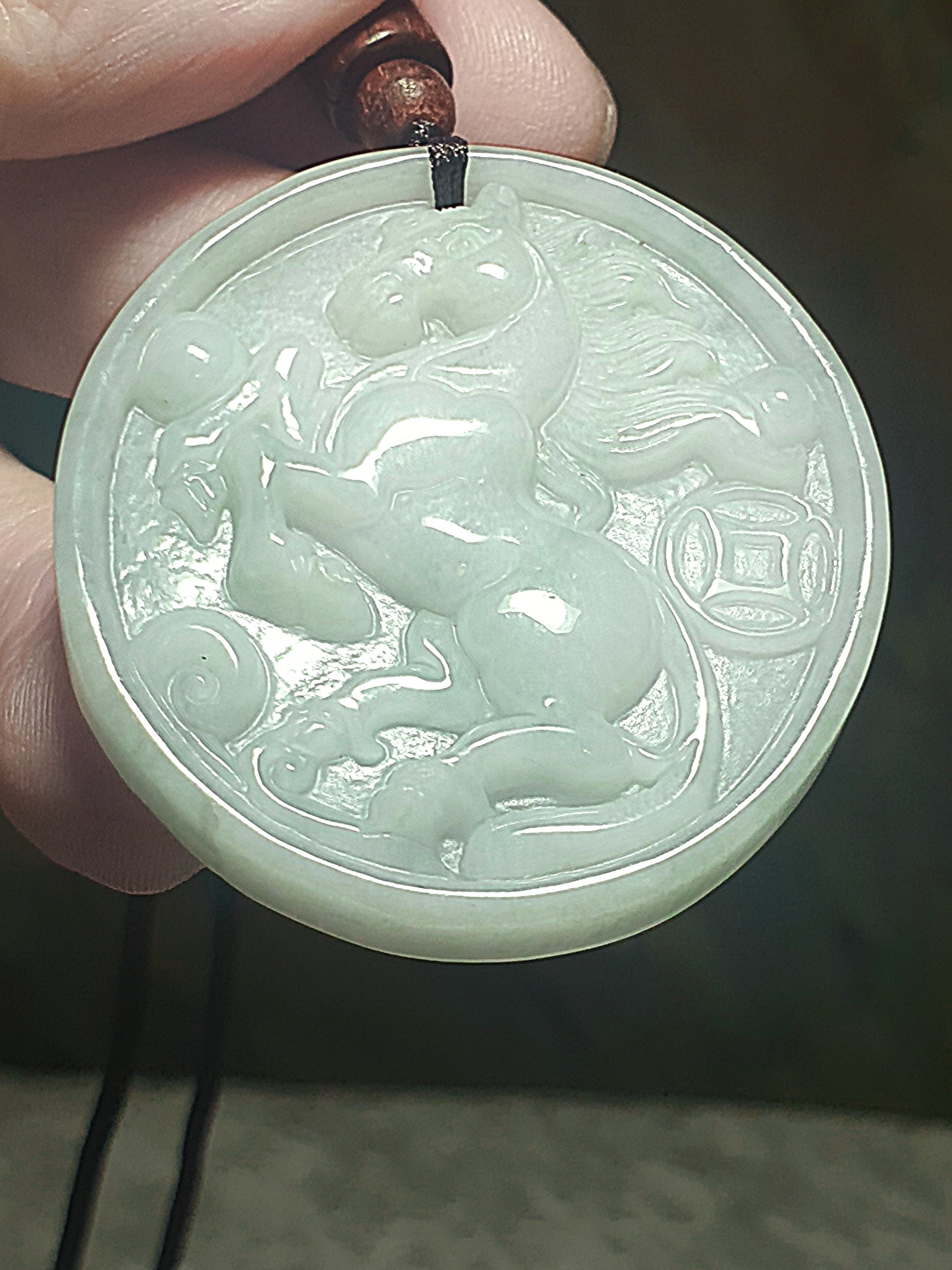 Type A Jadeite light green Horse and Ancient Coin Jade pendant (with certificate) 翡翠淡绿马上有钱(骏马、铜钱)吊坠(带证书)