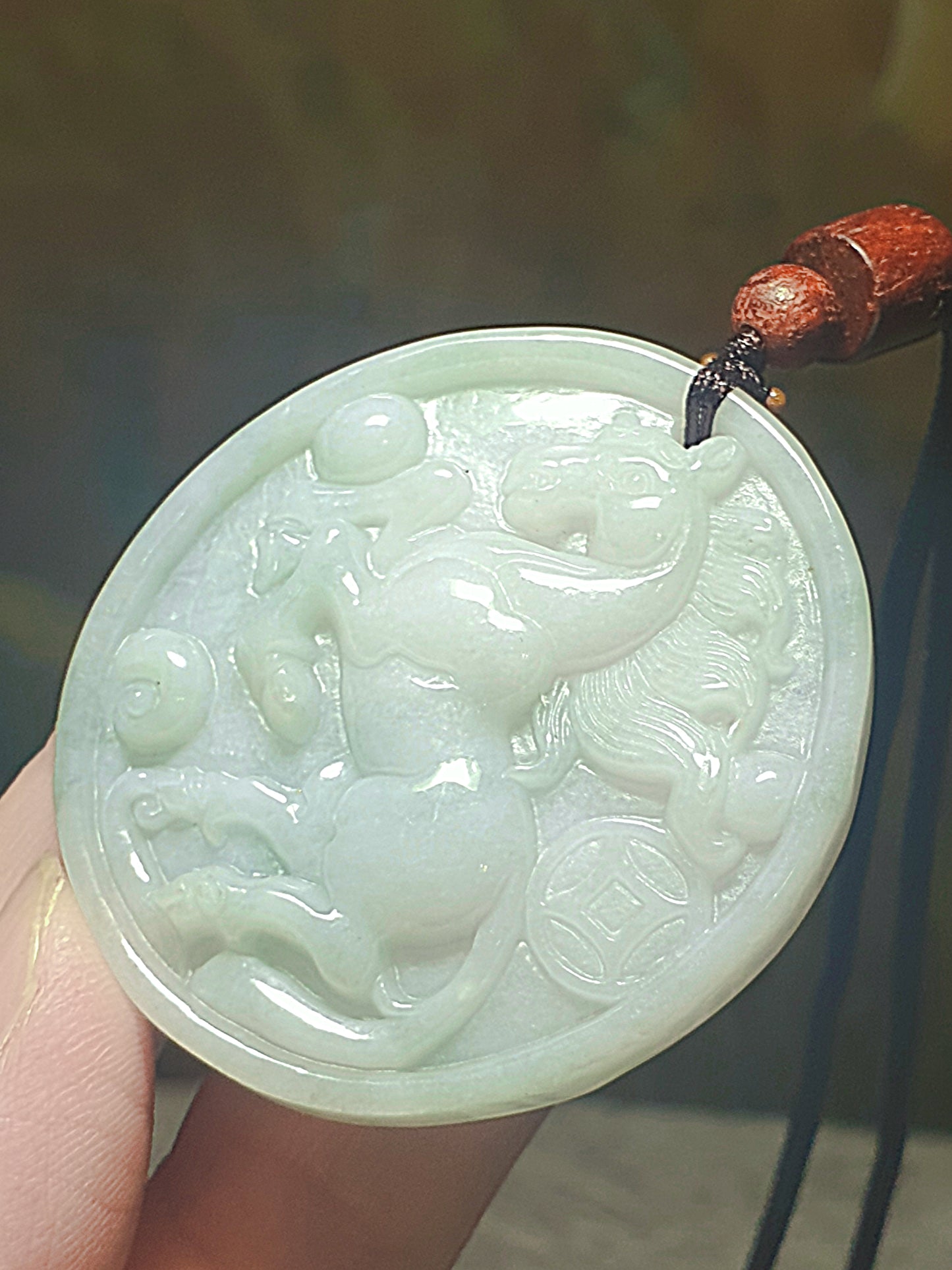 Type A Jadeite light green Horse and Ancient Coin Jade pendant (with certificate) 翡翠淡绿马上有钱(骏马、铜钱)吊坠(带证书)
