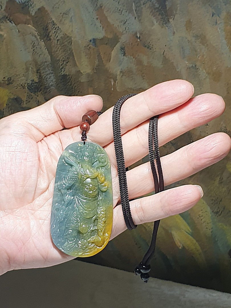Natural deep greenish Nephrite Green Tara (Guan Yin) & a Dragon Jade pendant (with certificate) 和田玉青玉御龙观音(绿度母)吊坠(带证书)