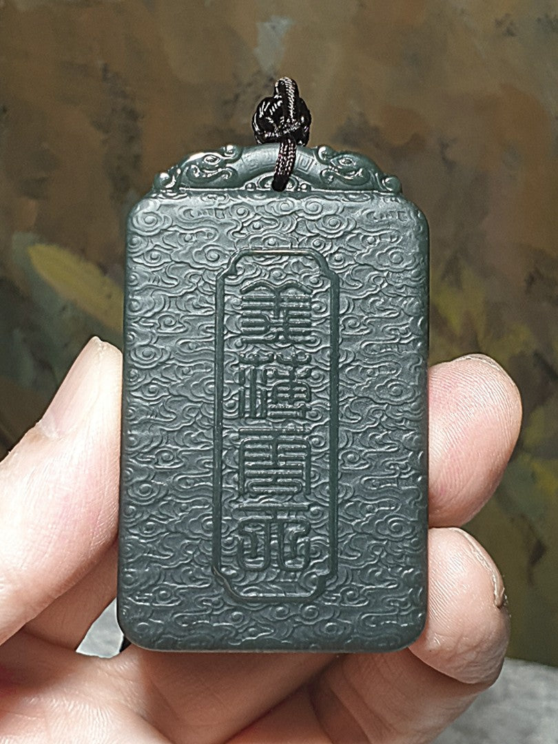 Premium natural deep greenish Nephrite double sides carvings Guan Gong, Dragon, Auspicious Clouds and in Ancient Chinese "Supremely Honourable & Righteous" pendant/handheld (with certificate) 和田玉塔青深绿双面雕刻关公、龙、祥云吊坠/手把(带证书) ~~~ 义薄云天 保家卫国