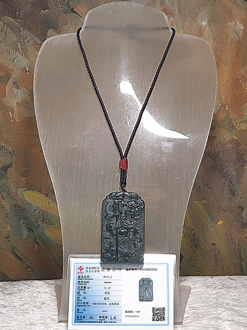 Premium natural deep greenish Nephrite double sides carvings Guan Gong, Dragon, Auspicious Clouds and in Ancient Chinese "Supremely Honourable & Righteous" pendant/handheld (with certificate) 和田玉塔青深绿双面雕刻关公、龙、祥云吊坠/手把(带证书) ~~~ 义薄云天 保家卫国