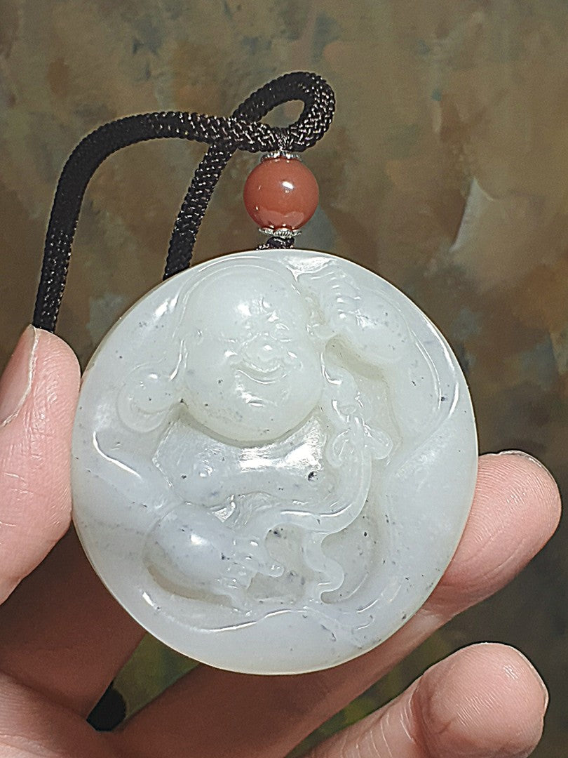 Premium greasy & massive Nephrite whitish Qinghua hand carved Laughing Buddha Jade handheld/car pendant (with certificate) 精品和田玉镯芯料厚重油润俄白青花全手工雕刻弥勒佛笑佛把件/车挂(带证书)