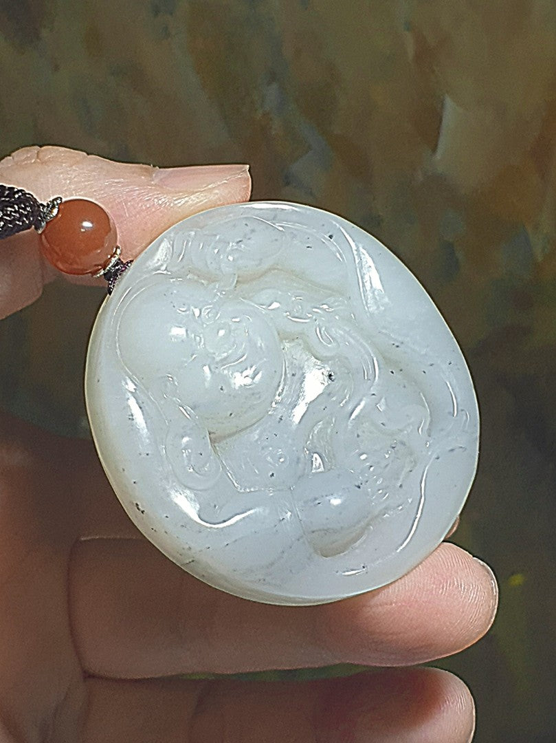 Premium greasy & massive Nephrite whitish Qinghua hand carved Laughing Buddha Jade handheld/car pendant (with certificate) 精品和田玉镯芯料厚重油润俄白青花全手工雕刻弥勒佛笑佛把件/车挂(带证书)