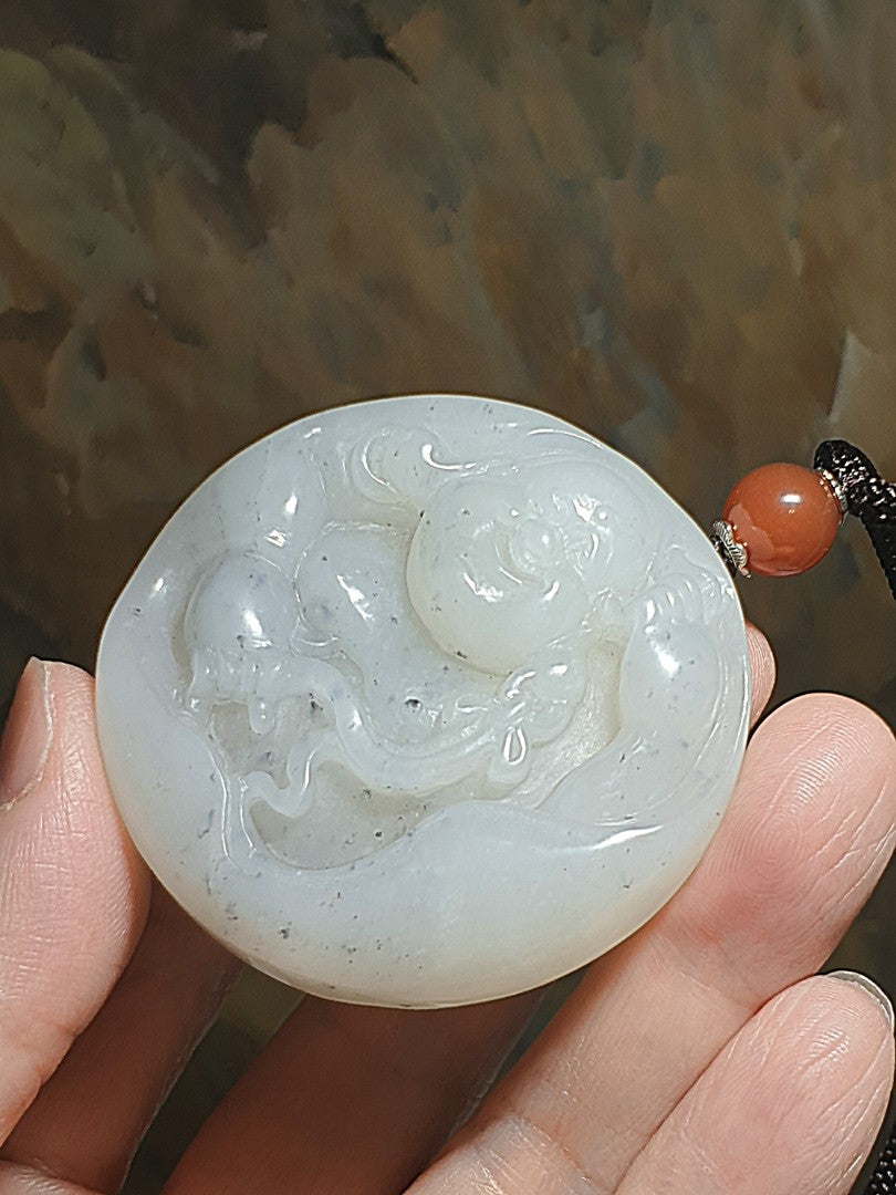 Premium greasy & massive Nephrite whitish Qinghua hand carved Laughing Buddha Jade handheld/car pendant (with certificate) 精品和田玉镯芯料厚重油润俄白青花全手工雕刻弥勒佛笑佛把件/车挂(带证书)