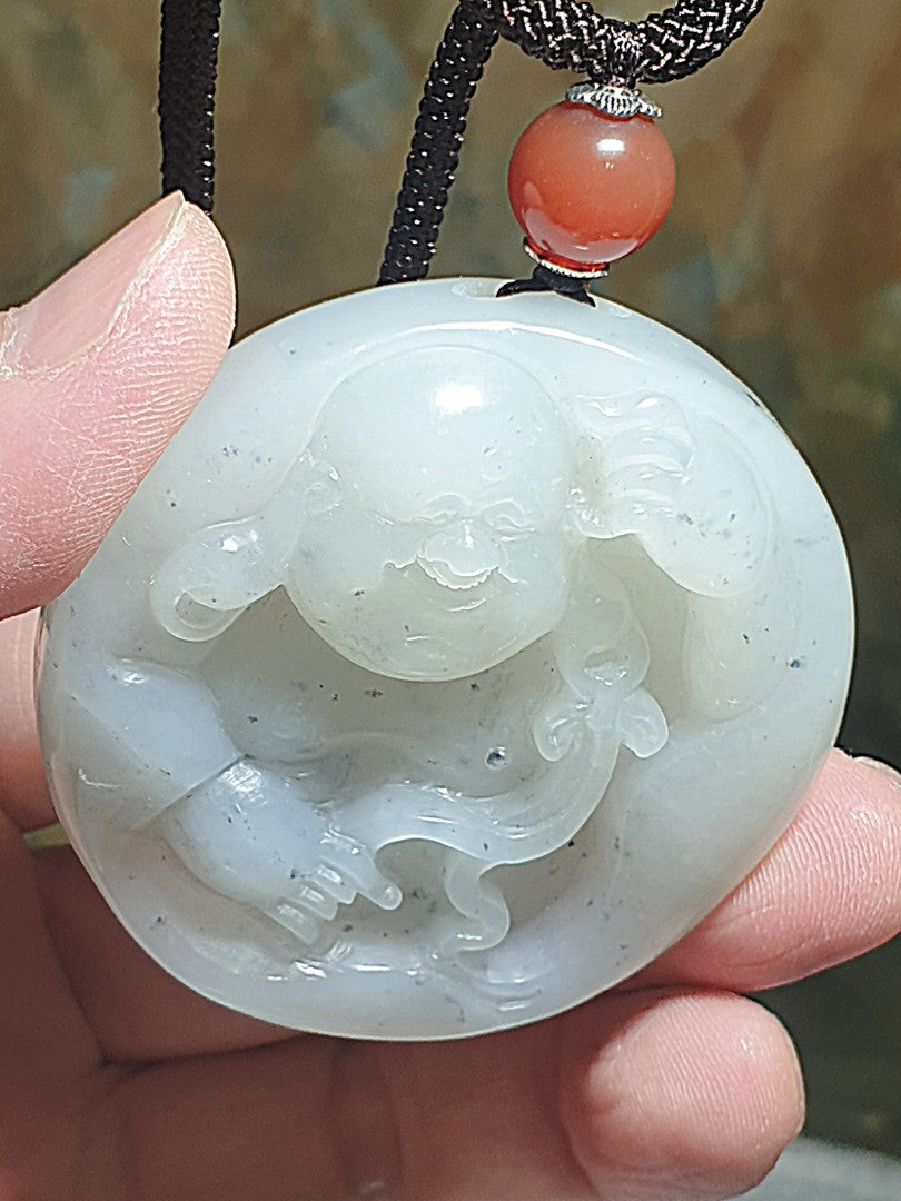Premium greasy & massive Nephrite whitish Qinghua hand carved Laughing Buddha Jade handheld/car pendant (with certificate) 精品和田玉镯芯料厚重油润俄白青花全手工雕刻弥勒佛笑佛把件/车挂(带证书)