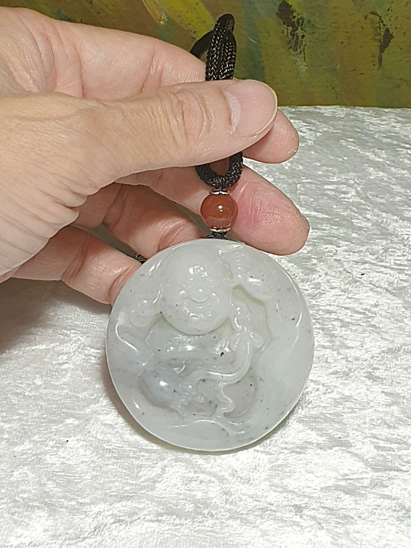 Premium greasy & massive Nephrite whitish Qinghua hand carved Laughing Buddha Jade handheld/car pendant (with certificate) 精品和田玉镯芯料厚重油润俄白青花全手工雕刻弥勒佛笑佛把件/车挂(带证书)