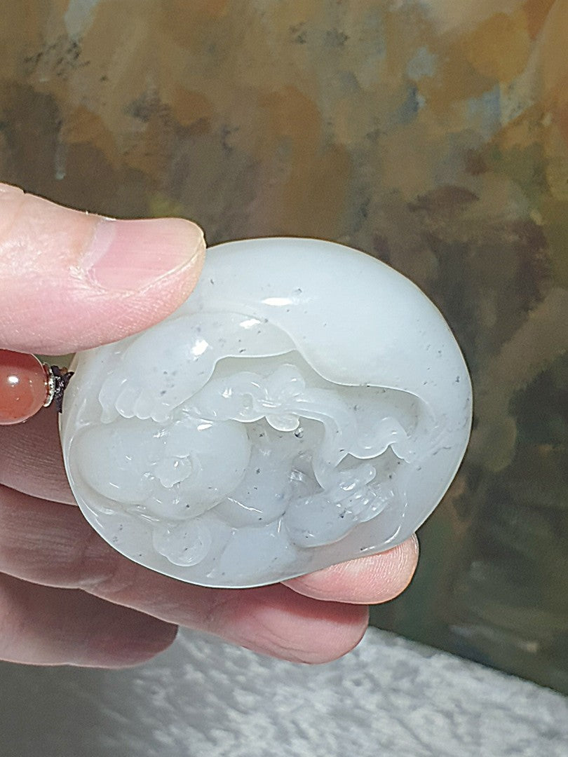 Premium greasy & massive Nephrite whitish Qinghua hand carved Laughing Buddha Jade handheld/car pendant (with certificate) 精品和田玉镯芯料厚重油润俄白青花全手工雕刻弥勒佛笑佛把件/车挂(带证书)