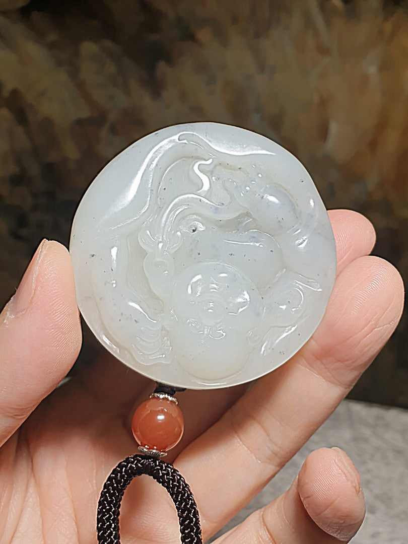 Premium greasy & massive Nephrite whitish Qinghua hand carved Laughing Buddha Jade handheld/car pendant (with certificate) 精品和田玉镯芯料厚重油润俄白青花全手工雕刻弥勒佛笑佛把件/车挂(带证书)