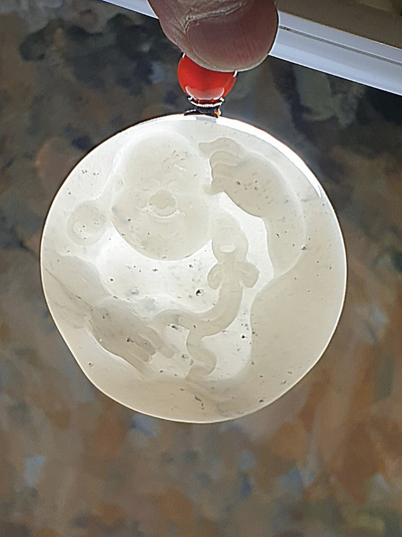 Premium greasy & massive Nephrite whitish Qinghua hand carved Laughing Buddha Jade handheld/car pendant (with certificate) 精品和田玉镯芯料厚重油润俄白青花全手工雕刻弥勒佛笑佛把件/车挂(带证书)