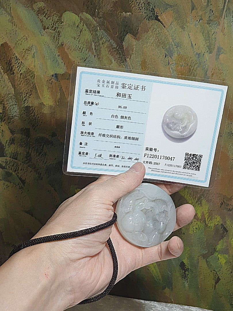 Premium greasy & massive Nephrite whitish Qinghua hand carved Laughing Buddha Jade handheld/car pendant (with certificate) 精品和田玉镯芯料厚重油润俄白青花全手工雕刻弥勒佛笑佛把件/车挂(带证书)