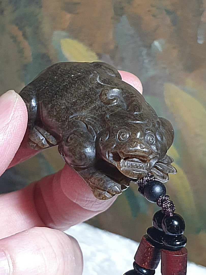 Gegegems Collection premium Nephrite "old brown sugar" hand carved 3-dimensional Mighty Ruyi Pi Xiu Jade pendant/handheld (with certificate) 和田玉且末老红糖纯手工立体圆雕如意霸王貔貅吊坠/手把(带证书)