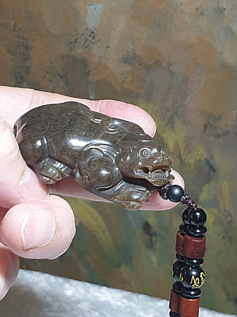Gegegems Collection premium Nephrite "old brown sugar" hand carved 3-dimensional Mighty Ruyi Pi Xiu Jade pendant/handheld (with certificate) 和田玉且末老红糖纯手工立体圆雕如意霸王貔貅吊坠/手把(带证书)