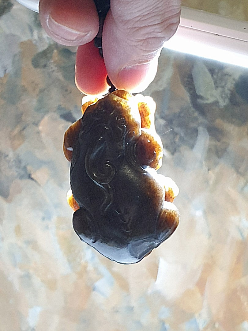 Gegegems Collection premium Nephrite "old brown sugar" hand carved 3-dimensional Mighty Ruyi Pi Xiu Jade pendant/handheld (with certificate) 和田玉且末老红糖纯手工立体圆雕如意霸王貔貅吊坠/手把(带证书)