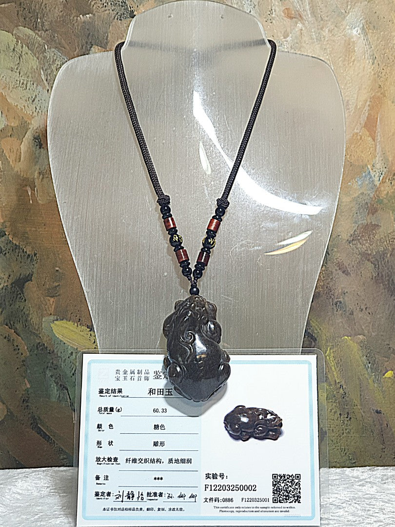 Gegegems Collection premium Nephrite "old brown sugar" hand carved 3-dimensional Mighty Ruyi Pi Xiu Jade pendant/handheld (with certificate) 和田玉且末老红糖纯手工立体圆雕如意霸王貔貅吊坠/手把(带证书)