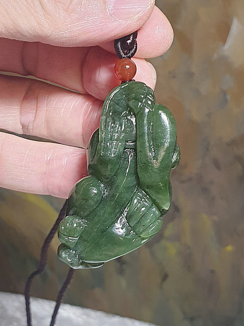 Natural Nephrite strong spinach green with yellow hue hand carved 3-dimensional Pi Xiu Jade pendant/handheld(with certificate) 和田玉碧玉乌兰海黄调菠菜绿纯手工雕刻立体貔貅吊坠/手把(附证书)