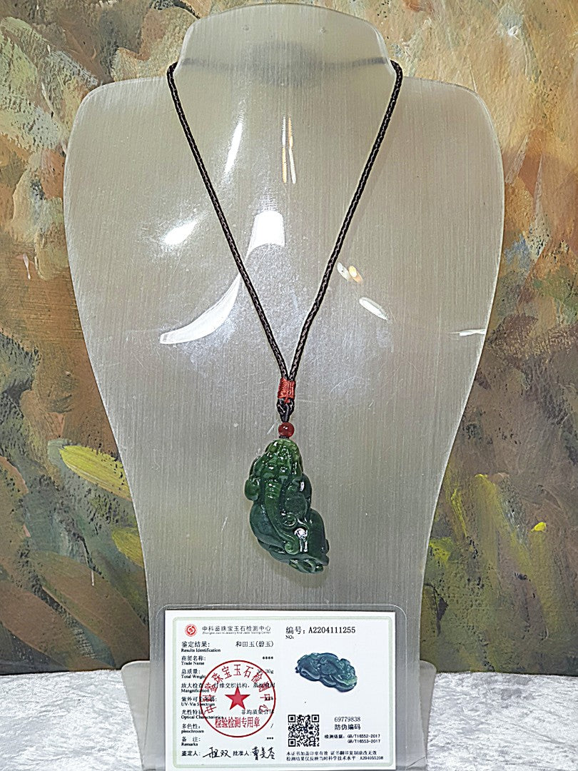 Natural Nephrite strong spinach green with yellow hue hand carved 3-dimensional Pi Xiu Jade pendant/handheld(with certificate) 和田玉碧玉乌兰海黄调菠菜绿纯手工雕刻立体貔貅吊坠/手把(附证书)